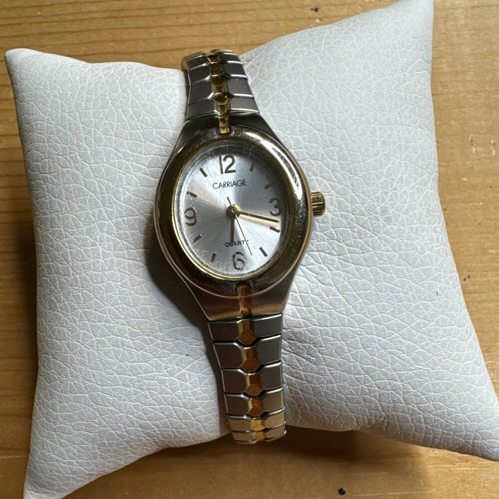 Womens Carraige Gold Tone Quartz Watch with Expanding Band New Battery